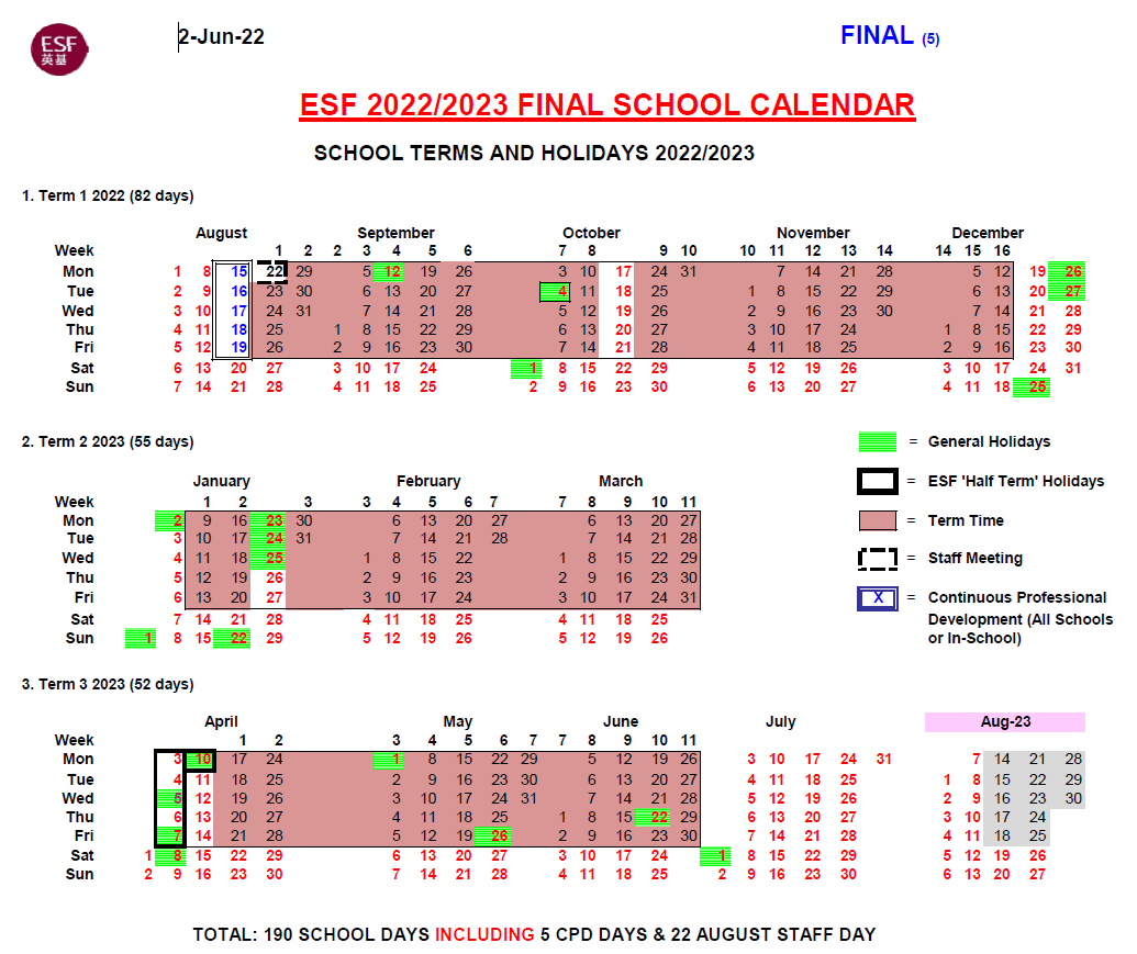 English Schools Foundation 22 International Schools In HK ESF School Calendar 2022 23